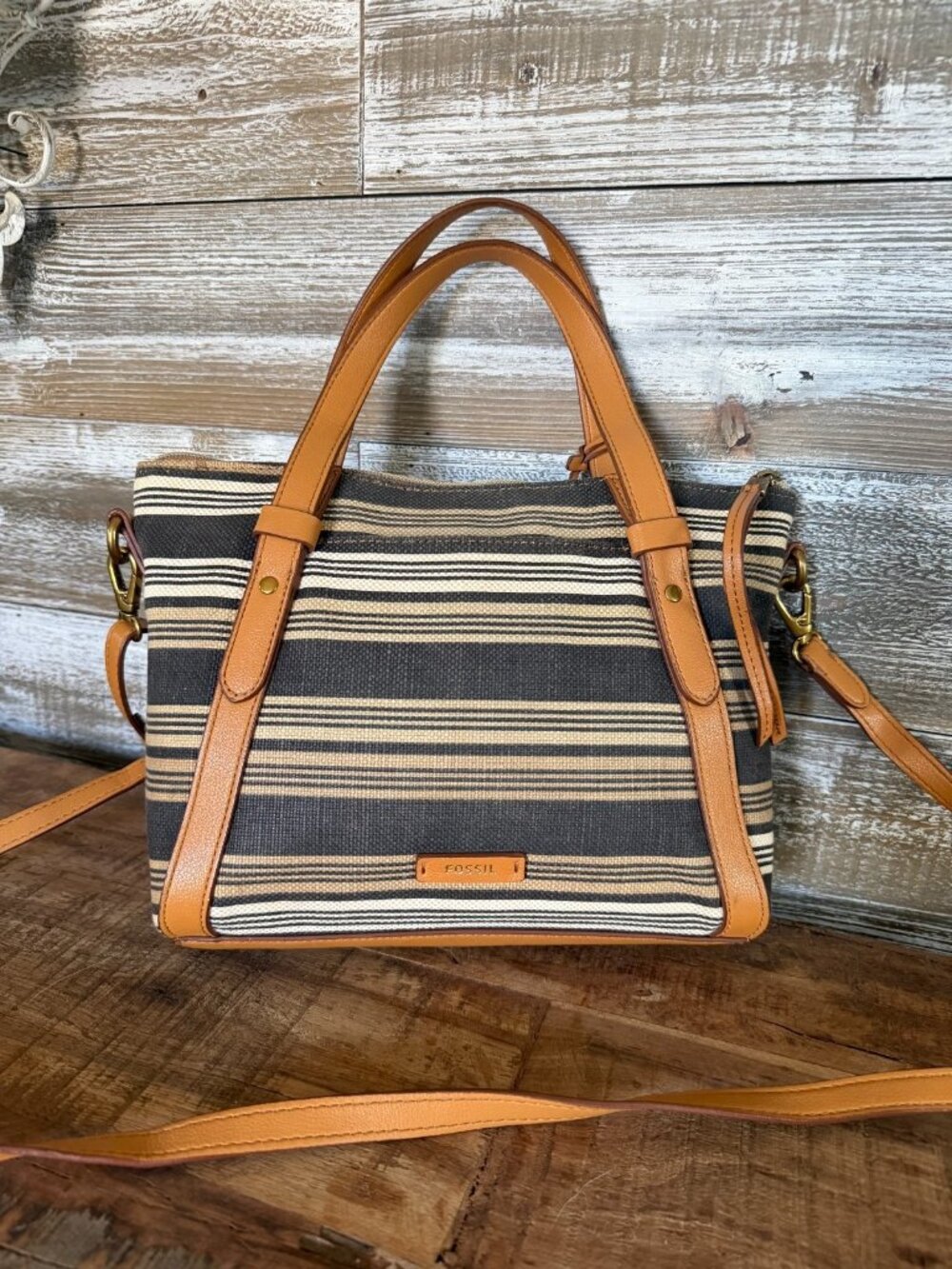 New FOSSIL Avondale Satchel SHB2752558 Neutral Stripe Canvas Faux Leather Trim